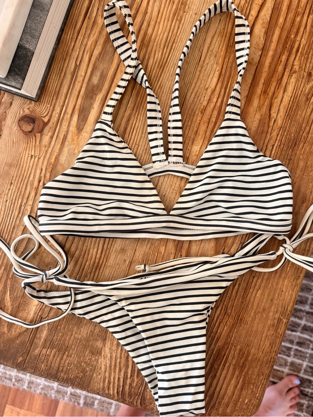 Striped Black and White Tie-Side Bikini - Women Swim
